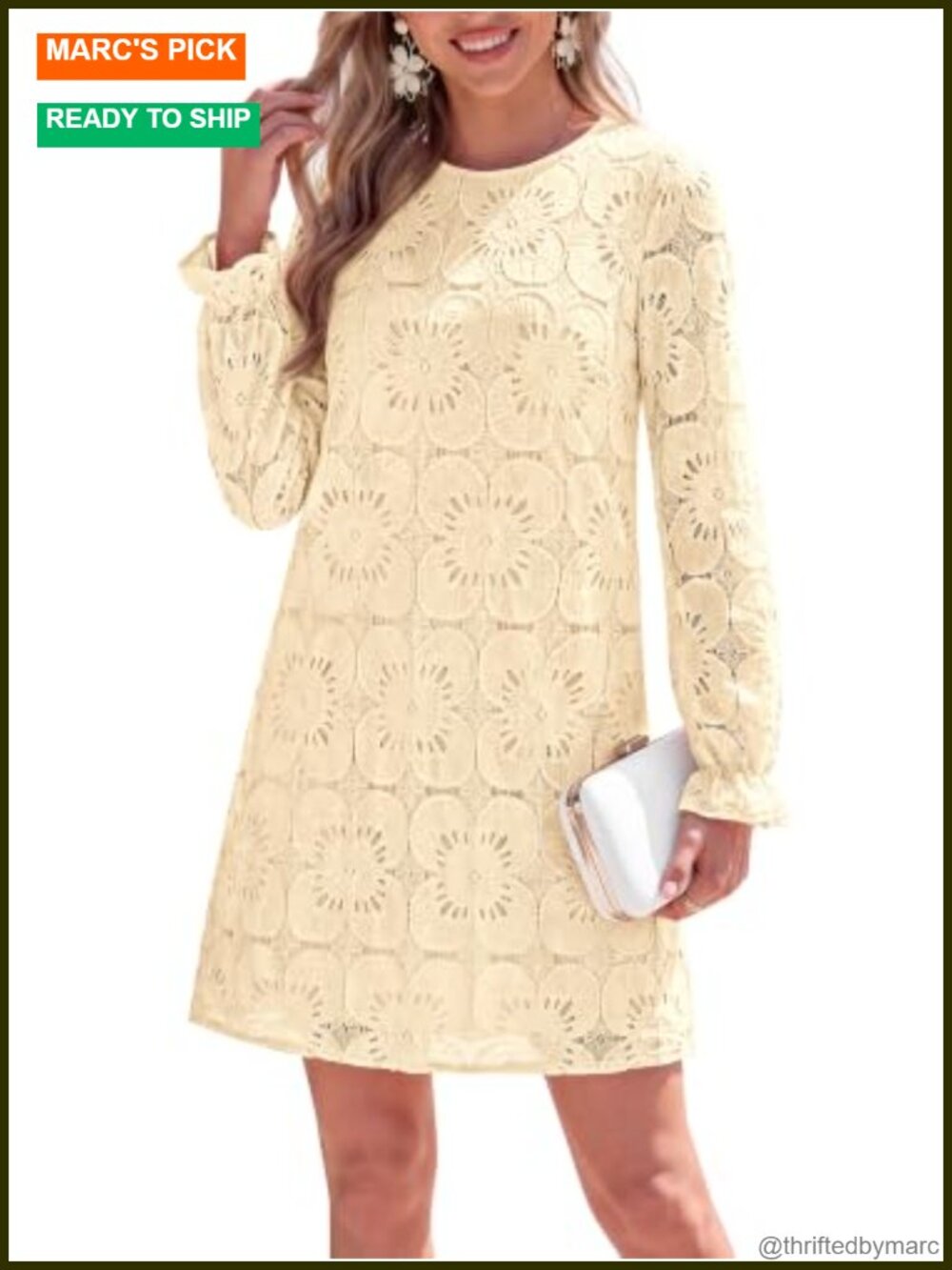 Crochet Floral Eyelet Lace Mini Dress Long Sleeve Casual